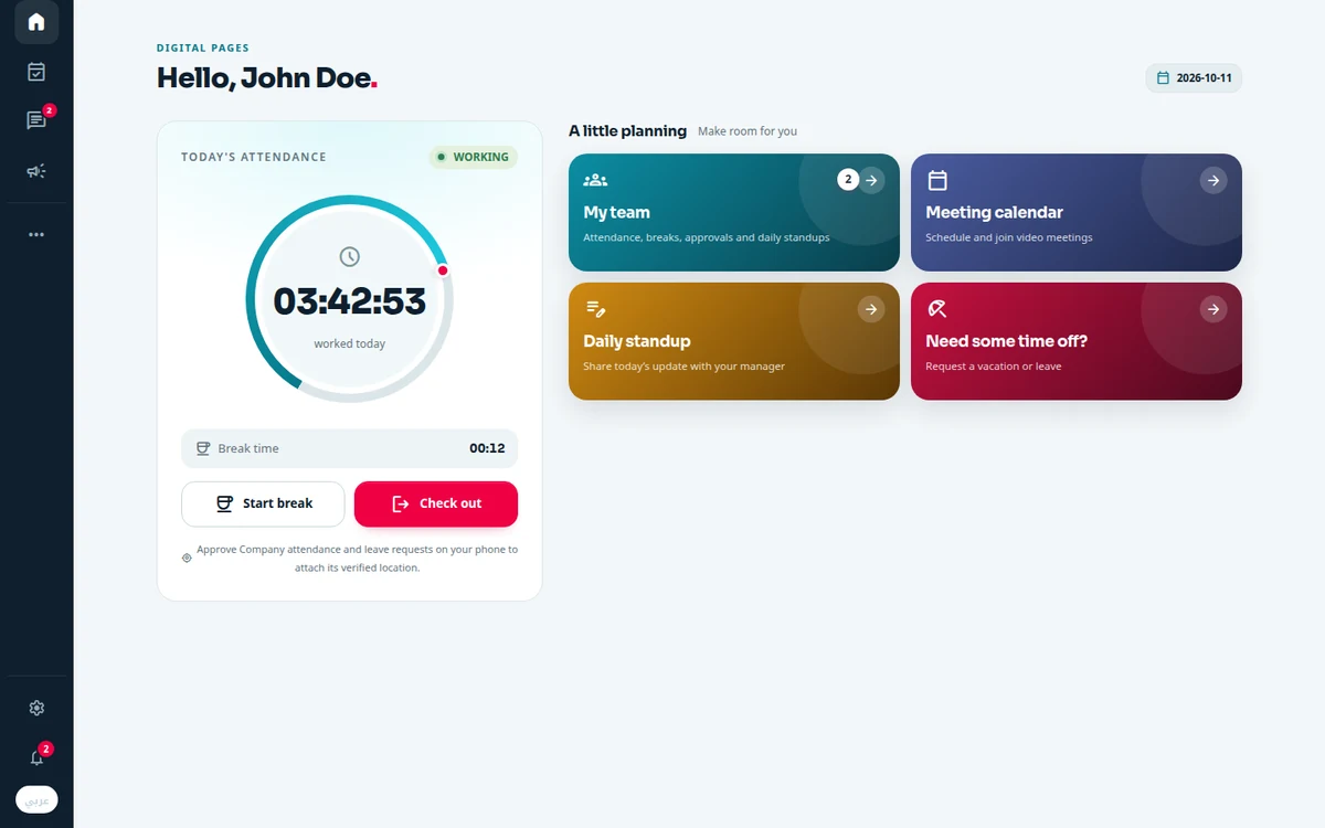 The Dawamee desktop app on the Today screen: the attendance ring beside shortcuts to the team, the meeting calendar, the daily standup and time off.